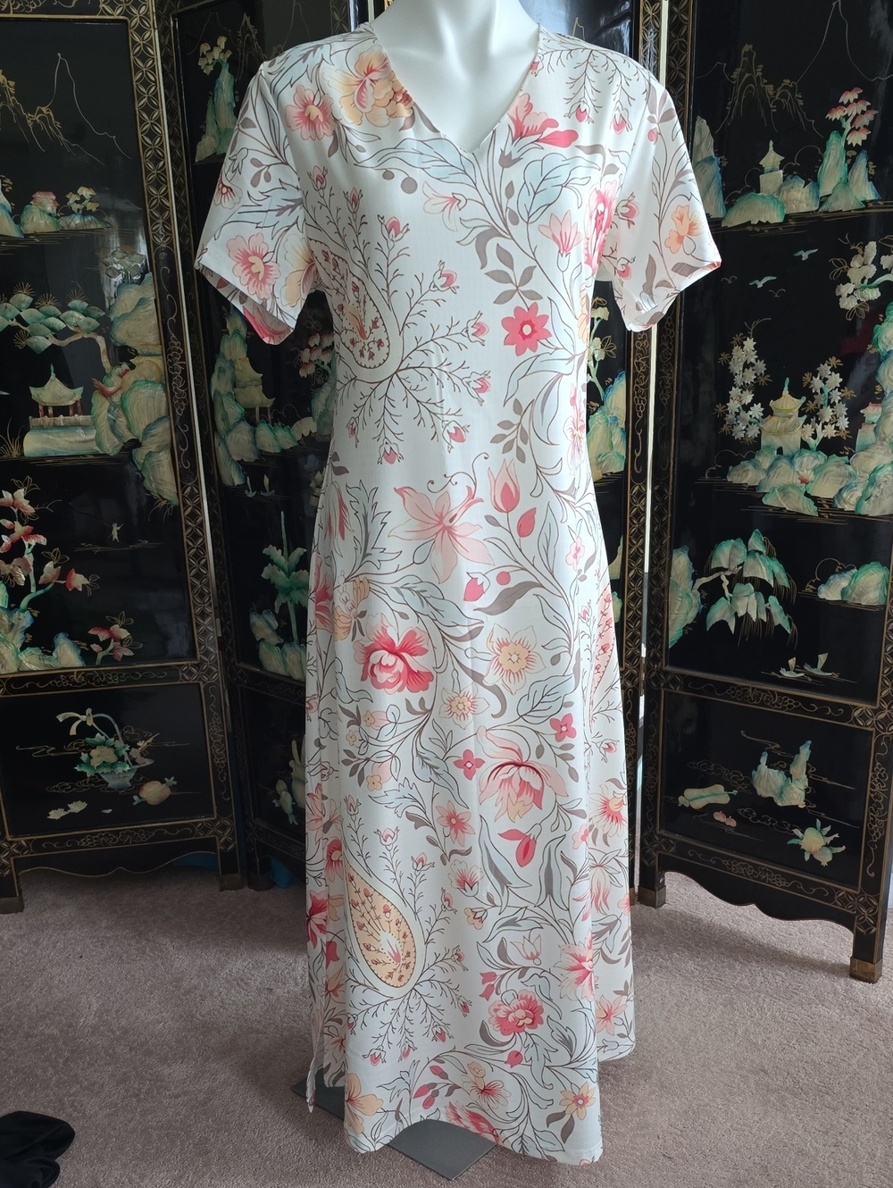 New Floral V-Neck Maxi Dress in Cream with Pink Accents